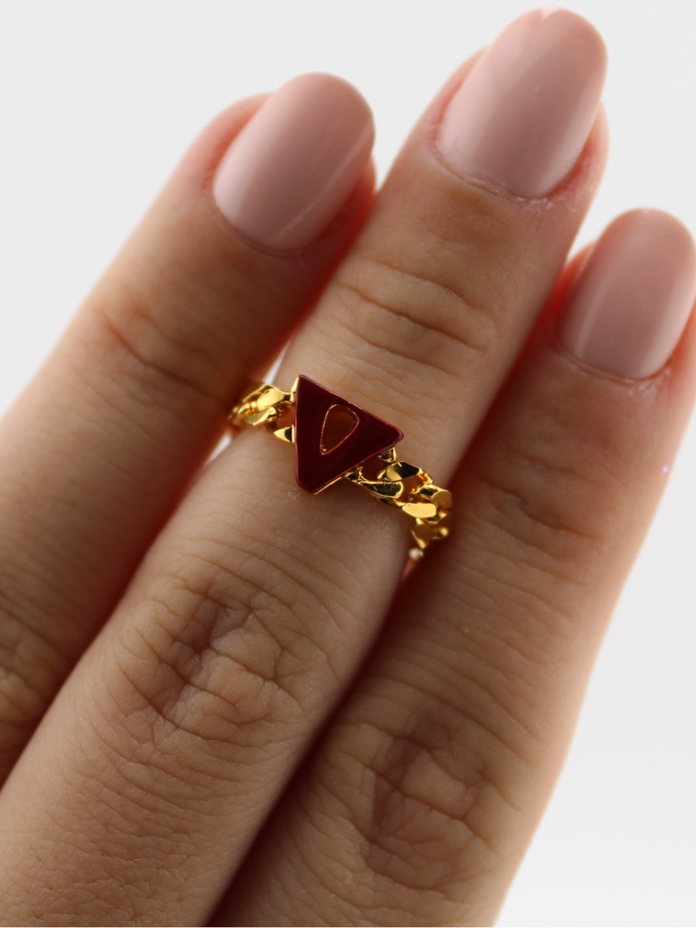 Valentino ring Gold Chain Ring with Burgundy Triangle Accent